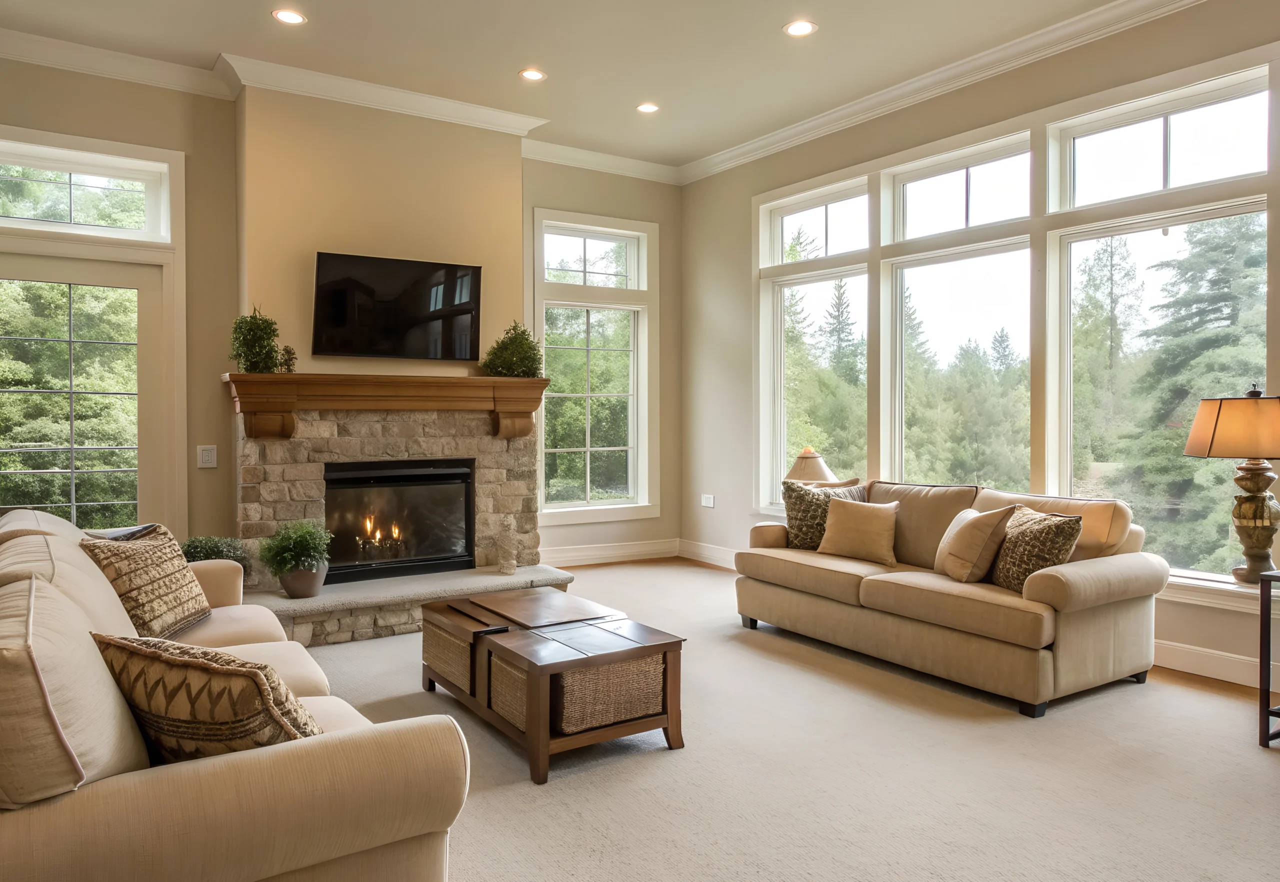 Spacious Living Room with Beige Sofas and Stone Fireplace